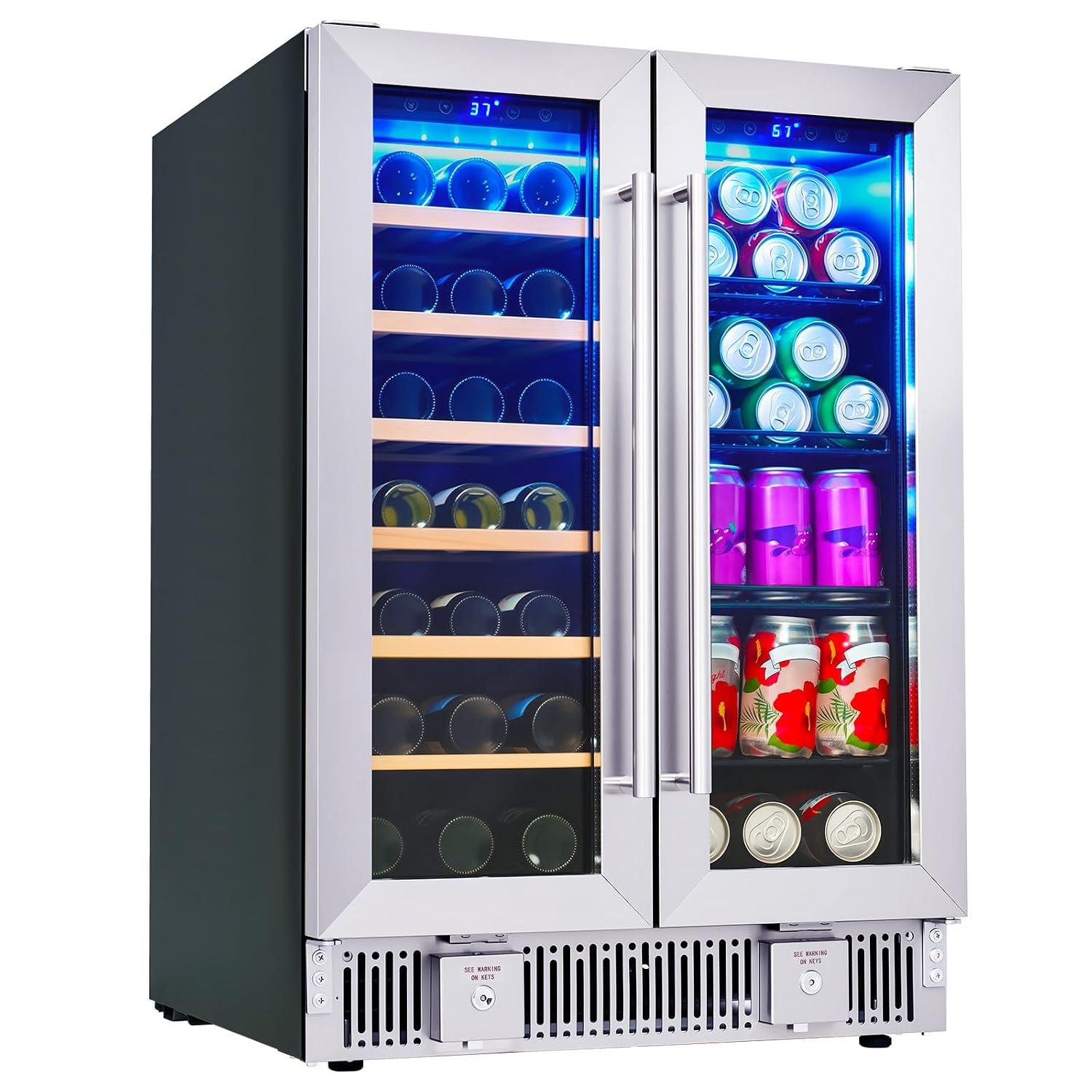Wine Beer Dual Zone - ตู้แช่เครื่องดื่ม, ตู้แช่ไวน์และเบียร์แบบสองโซนขนาด 24 นิ้วพร้อมประตูกระจก, ตู้แช่แบบตั้งอิสระ/ใต้เคาน์เตอร์, ปรับแต่งได้