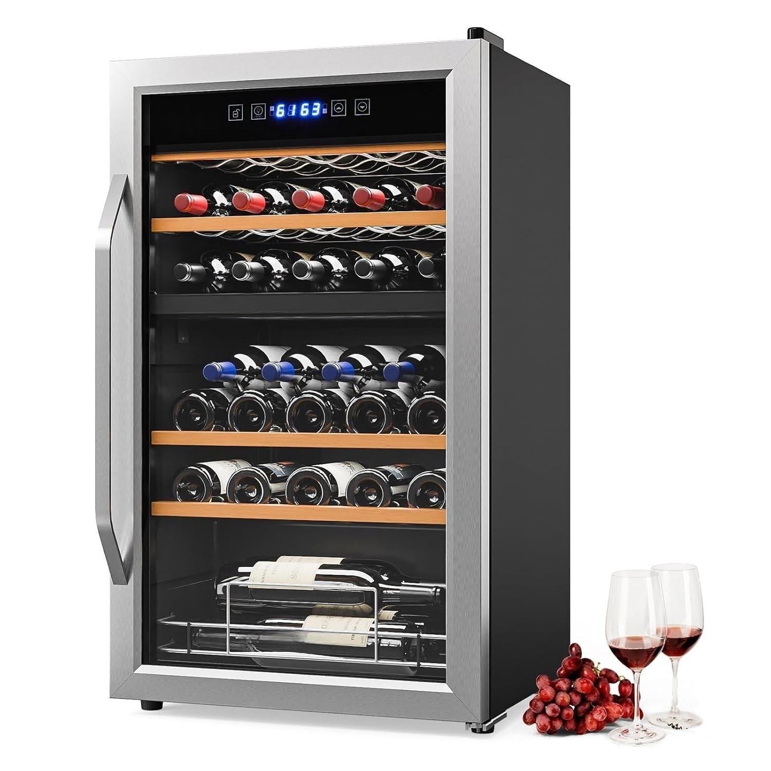 Wine Beer Dual Zone - ตู้แช่ไวน์แบบสองโซนสำหรับ 33 ขวด, 41-64 ° ตู้แช่แบบตั้งพื้นพร้อมระบบควบคุมดิจิตอลและประตูกระจกสำหรับไวน์และเบียร์