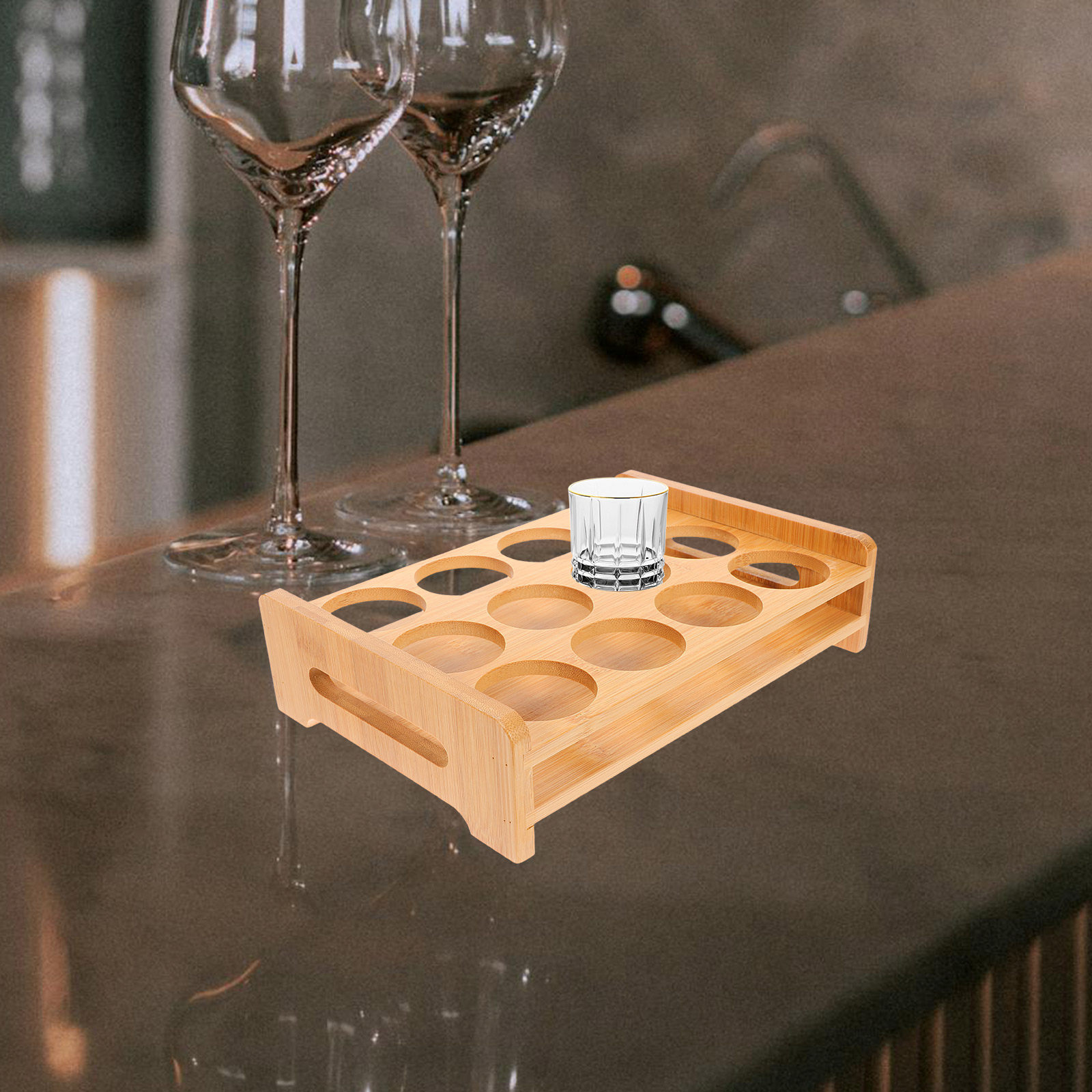 Wine Beer The Whiskey - ที่วางแก้วช็อตไม้ไผ่ ชั้นวางอเนกประสงค์ 12 ช่อง สำหรับแก้ววิสกี้ ไวน์