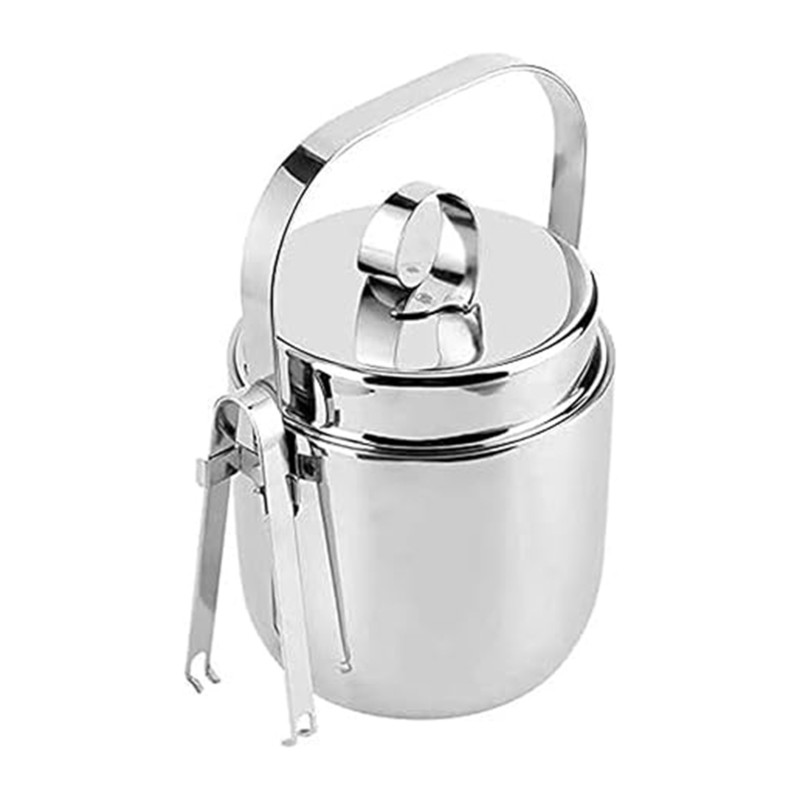 Ice Bucket Silver - ABRE-ถังน้ำแข็งสแตนเลสแบบผนังสองชั้น-กระติกเก็บความเย็นสีเงินพร้อมฝาปิดสำหรับแชมเปญ, ค็อกเทล, ห้องครัว, บาร์