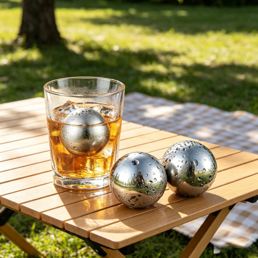 Ice Bucket Silver - ก้อนน้ำแข็งแบบใช้ซ้ำได้และหินแช่เย็นโลหะ สแตนเลส 304 ลูกบอลวิสกี้ขนาด XL ใหญ่พิเศษ
